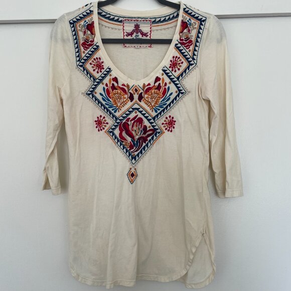 Johnny Was Tops - Johnny Was embroidered scoop neck 3/4 sleeve tunic in cream